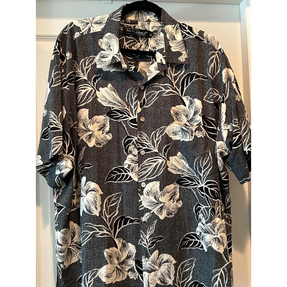 TORI RICHARD Shirt XL Hawaiian Floral Print Short Sleeve Pocket Black/Grey